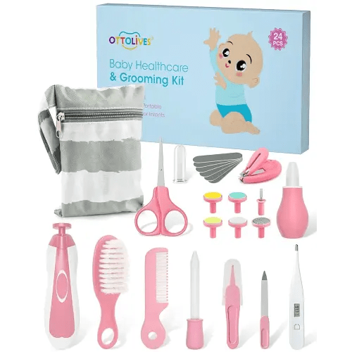 OTTOLIVES Baby Healthcare and Grooming Kit, 24 in 1 Baby Electric Nail Trimmer Set Newborn Nursery Health Care Set for Newborn Infant Toddlers Baby Boys Girls Kids Haircut Tools (0-3 Years+) (Pink)