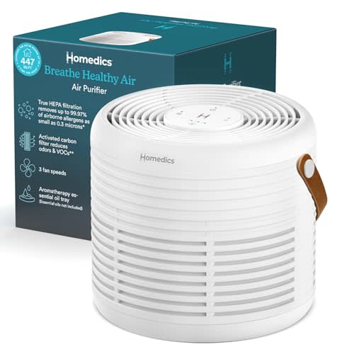 Homedics Air Purifier True HEPA Filter for Medium Rooms up to 447 Sq Ft | Removes 99.97% Allergens, Odors & VOCs , Aromatherapy, 3 Fan Speeds, for Bedrooms, Living Rooms & Offices, Quiet Operation