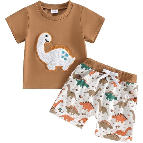 Toddler Baby Boy Summer Clothes 0 6 12 18 24 Months Dinosuar Embroidery Outfit 2PCS Short Sleeve T-shirt Shorts Set