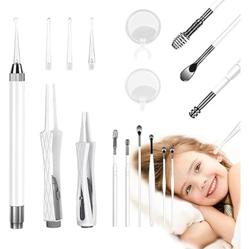 15 Pack Ear Wax Removal Tool Kit with Light - LED Ear Cleaning Kit, Ear Wax Removal for Kids and Adults, Ear Cleaning Tool, Ear Picker Spoon & Ear Tweezers & Spiral Spring Ear Spoon White