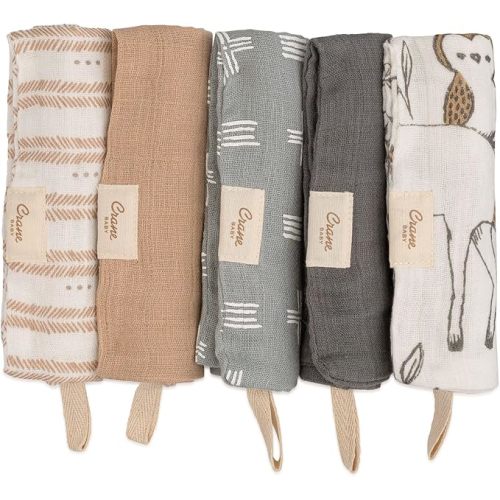 Crane Baby Wash Cloth Set, 100% Cotton, Set of 5, Woodland Animal Theme, Muslin Washcloths for Newborn, Baby Registry Gift