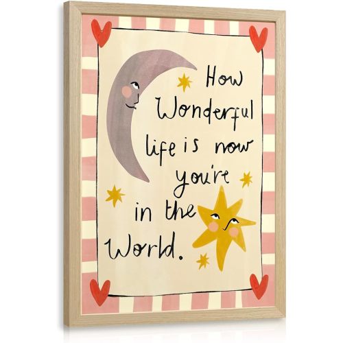 VziizV Inspirational Nursery Wall Art, How Wonderful Life Is Now You're In The World Decor, Cute Moon and Star Print, Colorful Motivational Quote Artwork for Kids Room Bedroom Wood Framed 12x16 Inch