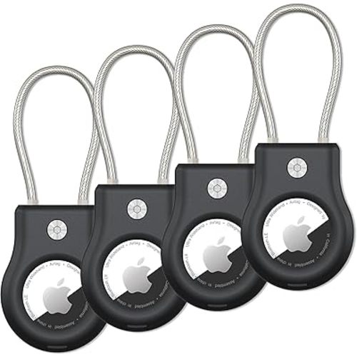 SCALLOP Airtag Holder with Wire Cable, Secure Lock Airtag Keychain,360°Protective Air Tag Case for Keys, Key Chain,Luggage Compatible Apple Air tag (4 Pack)