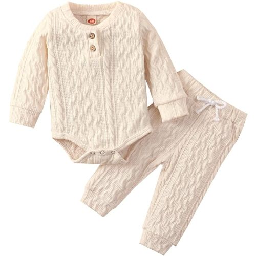 Newborn Baby Boy Girl Clothes Ribbed Knitted Cotton Long Sleeve Romper Long Pants Solid Color Fall Winter Outfits (C- Apricot, 3-6 Months)