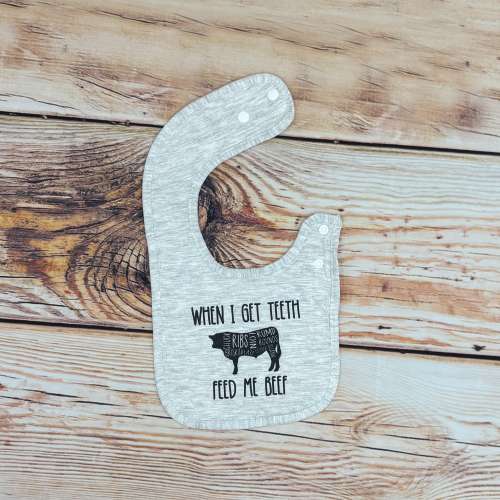 When I Get Teeth Feed Me Beef Baby Bib, Cotton Farm Animal Design