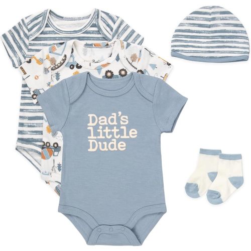 Baby Essentials Baby Boy 5 Piece Bodysuit Set, Cotton Blend Rompers with Matching Hat and Socks, Baby Outfit Gift, (3 months,Dad's Little Dude Blue Multi)