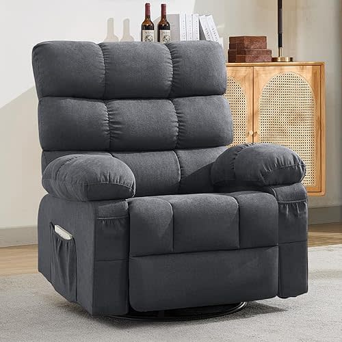360° Swivel Rocker Recliner Chair with Adjustable Backrest and Side Pockets, Upholstered Manual Glider Reclining Chair for Adults, Lazy Boy Recliners for Living Room, Bedroom, RV (Gray)