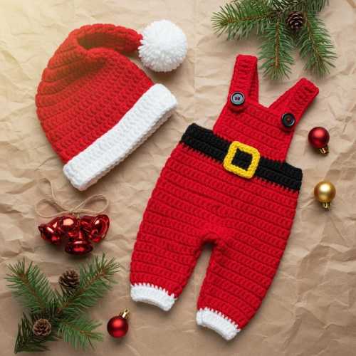 Handmade Crochet Santa Baby Outfit – Christmas Newborn Costume Set with Hat and Overalls, Holiday Baby Photoshoot Clothes, Xmas Gift