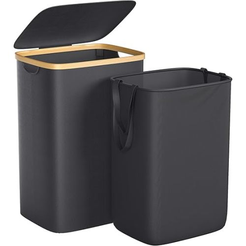 Large Laundry Hamper, 75L Waterproof Laundry Basket with Lid and Removable Bag, Collapsible Tall Clothes Hamper with Bamboo Handles for Clothes Toys in Dorm Bedroom Bathroom, Black