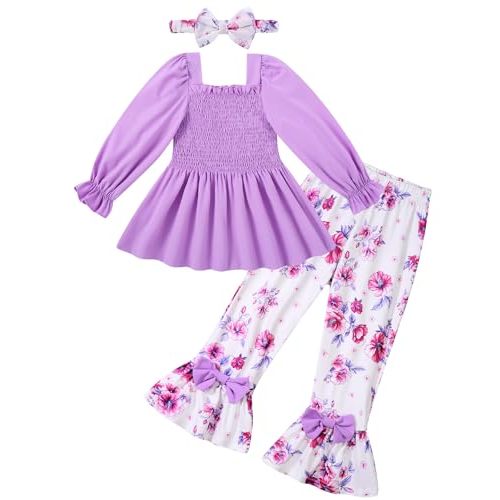 UNICOMIDEA Girls Clothes Set Shirt Top and Flare Pants with Bowknot 2-5T Kids 3 Piece Outfit For Girl