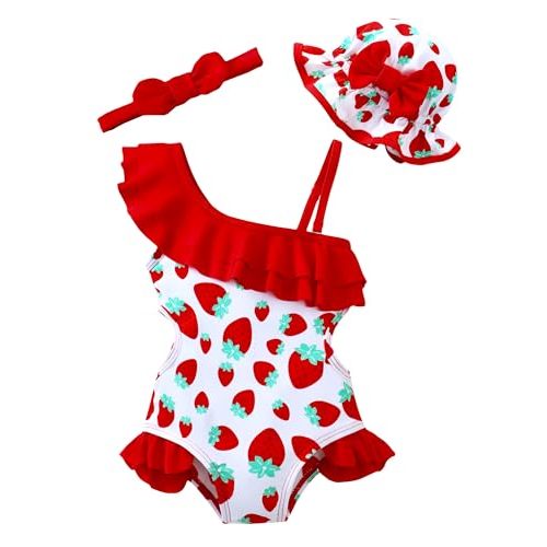 Renotemy Newborn Baby Girl Swimsuit Toddler Ruffle Shoulder One-Piece Girls Swimsuit Bikini Tankini Infant Swimwear with Hats