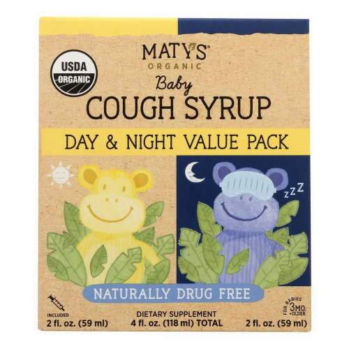Maty’s Organic Children’s Cough Syrup Day & Night Value Pack - Organic Cough Syrup for Kids. Calms Cough All Day & All Night. 12 Fl Oz, 2 Bottles