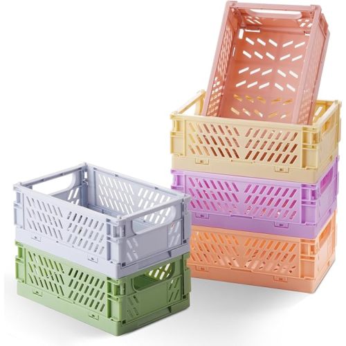 6-Pack Small Pastel Plastic Storage Baskets, Collapsible Crates for Organizing, Space-Saving Mini Bins for Classroom, Kitchen, Office, Bedroom (5.9" x 3.8" x 2.2")