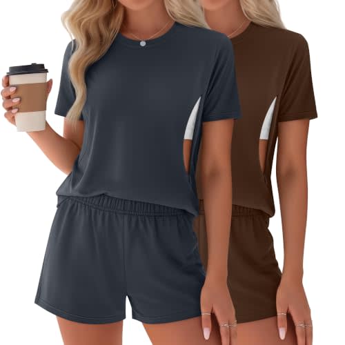 Riyiper 2 Packs Women's Nursing Pajamas Set | Short Sleeve Maternity Loungewear with Hidden Zippers, Breastfeeding Shirts and Elastic Waist Shorts, for Postpartum Recovery
