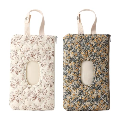 Quilted Baby Wipe Holder Quilted Wipe Pouch Portable Hanging Floral Wet Wipes Bag for Car, Stroller