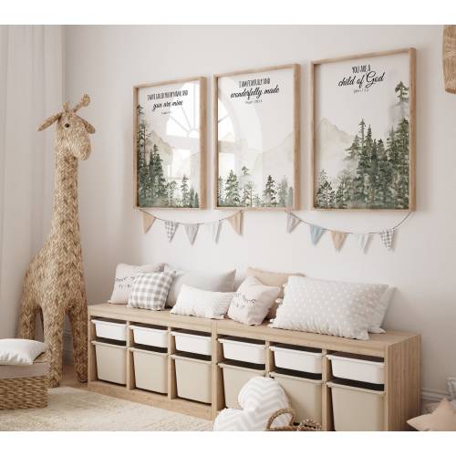 Mountain Nursery Art Print: Sage Green Forest, Bible Verse Decor