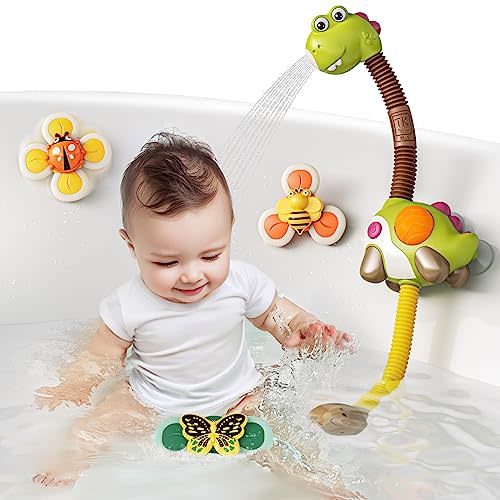 TUMAMA Baby Bath Toy with Shower Head and 3 Spinner Toys, Dinosaur Water Spray Squirt Shower Faucet and Bathtub Water Pump Summer Essentials for Toddlers Infants Kids