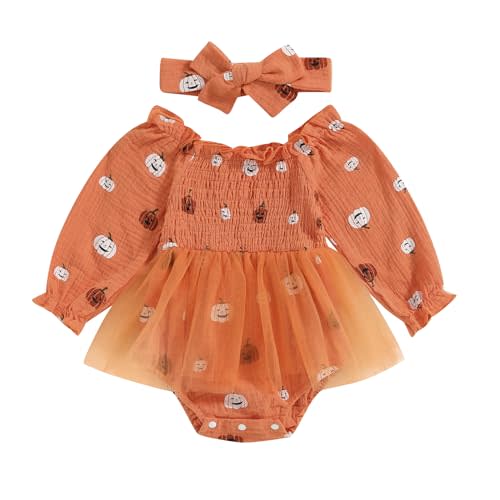 Afunbaby Baby Girl Halloween Outfit Newborn Pumpkin Romper Dress Puff Sleeve Ruffle Bodysuit Jumpsuit Fall Clothes