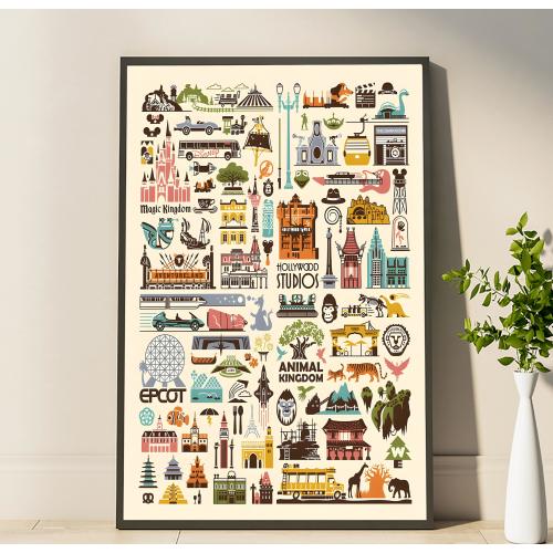 Disney Parks Icons Poster, Theme Park Travel Wall Art, Magic Kingdom EPCOT Hollywood Studios Print, Disney Vacation Souvenir Decor