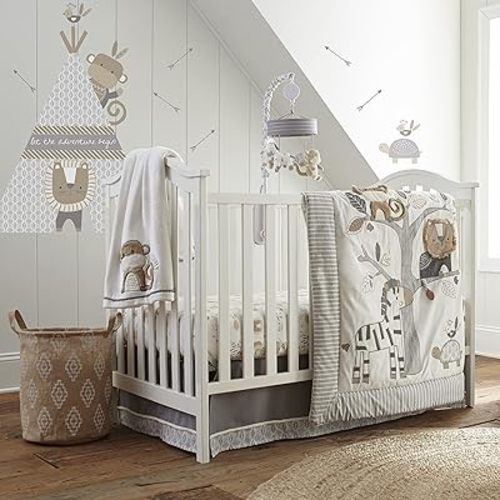 Levtex Baby - Kenya Baby Bed Set - Grey and Taupe - Jungle Animal - 5 Piece Set Includes Reversible Quilt, Fitted Sheet, Dust Ruffle, Hamper, Wall Decals