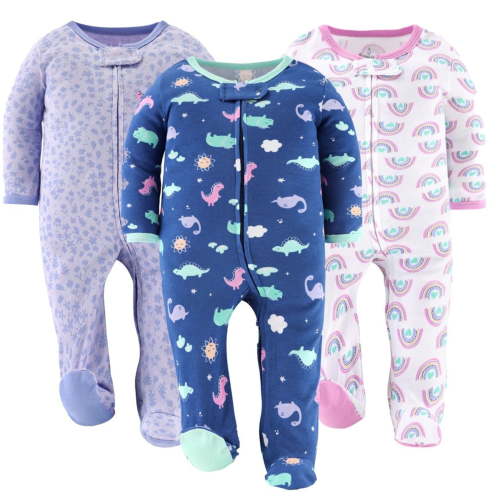 The Peanutshell Sleep n Play Dino Girl Footed Pajamas for Baby Girls Set, 3-6 Months, 3-Pack