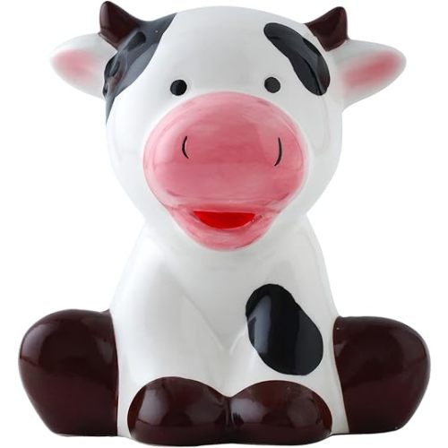 SOBEIT Dairy Cow Piggy Bank, Ceramic Piggy Bank, Cute Dairy Cattle Coin Bank Money Bank for Kids Girls Boys Baby Shower Newborn Keepsake Toddler Gift Nursery Decor