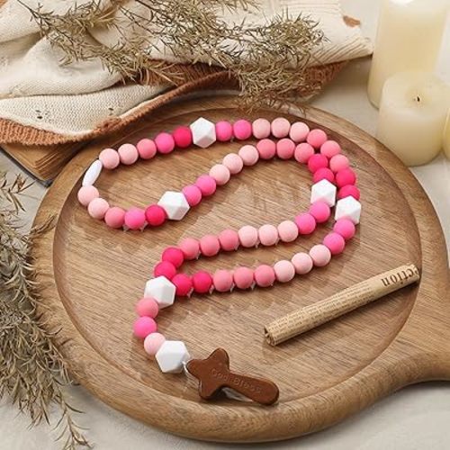 Misdary Baby Rosary Baptism Gift Silicone Rosary God Bless Kids First Rosary with Cross 1st Year Baptism Party Supply for Baby Shower Christian Communion Gifts(Pink)