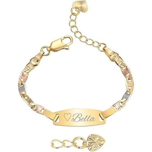 Personalized Baby ID Bracelet - 18K Gold Plated Tri-Color Chain Custom Name ID Plate Bar Bracelet for Children Toddler from Mom,Engraved Kid Name Customized Birthday,Back To School Gift for Daughter