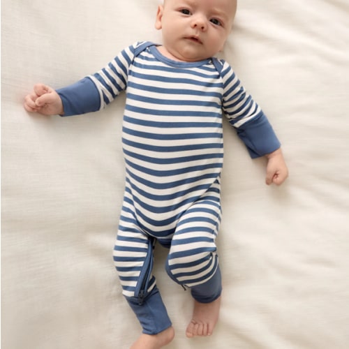Hazy Blue Stripe Crescent Zippy | Little Sleepies