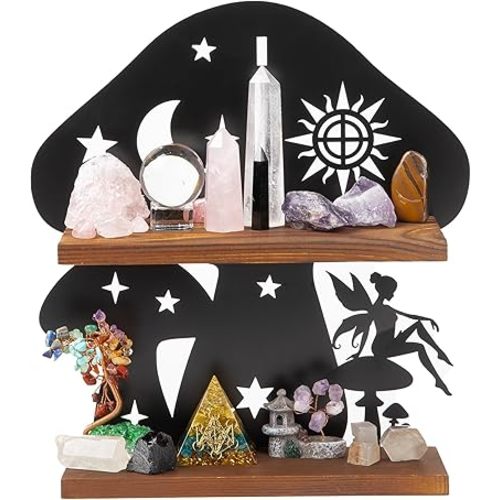 Wooden Mushroom Shelf with Iron Backing - Rustic Wall Decor for Crystals, Oils & Trinkets | Decorative Display Shelf for Witchy Room, Mushroom Decor & Fairy Core Decor | Mushroom Wall Art Gift