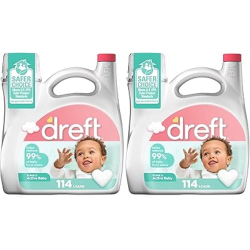 Dreft Stage 2 Active Baby Liquid Laundry Detergent, Helps Remove 99% of Baby Food Stains, 114 loads, (Pack of 2)