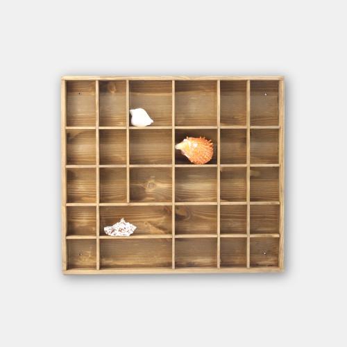 Light Brown Stained Wooden Display with 28 Compartments | Shadow Box | Golden Oak Wall Hanging Organizer | Divided Shelf| Collection Display