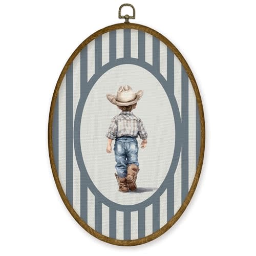 JMENGSSFL Vintage Western Cowboy Nursery Oval Wall Art Decor, Boy Nursery Canvas Prints, Rustic Western Cowboy Framed Wall Art for Kids Toddler Boys Room Bedroom Playroom Decor, 8.6x11.4 Inch