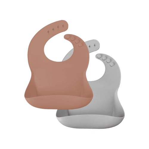 MinikOiOi BASICS - Bib - 2 pcs - Woody Brown / Powder Gray 100% Food Grade Silicone Bib With Adjustable Straps and Food Catcher, BPA Free - 100% Food-Grade Silicone - 6m+ Unisex - Infant