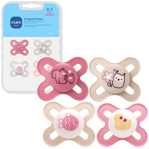 MAM Original Start Baby Pacifiers 0-3 Mths Skin Soft Silicone, 4 Pack | Developed With Medical Experts Especially For Smaller Newborn Mouths, Easy To Clean, BPA-Free, Made In Europe