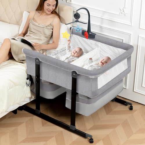 Jestonten Twin Bassinet with Music Toys & Mosquito Net, Foldable Twin Bassinet for 2 Babies with Storage Basket & Carry Bag, Portable Bedside Sleeper, Grey