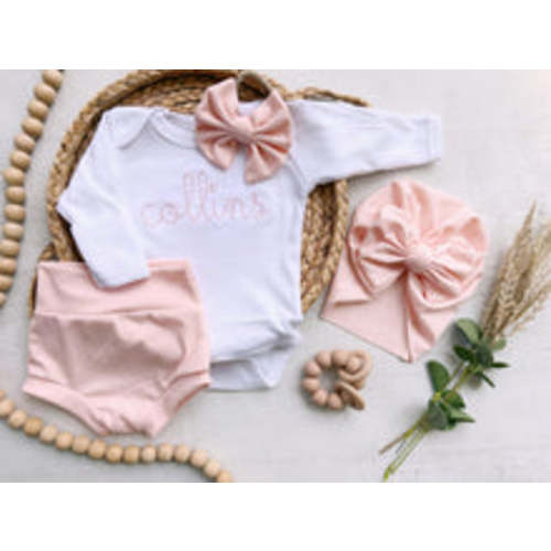 Personalized Baby Girl Outfit | White Bodysuit Soft Muted Pink Baby Na – Wonderfully Made