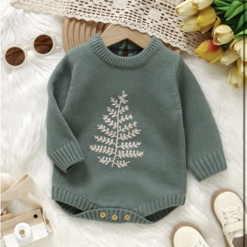 1pc Baby Green Triangle Romper, Holiday Embroidered Round Neck Long Sleeve Jumpsuit Sage Green Baby Sweater Baby Boy Sweater Baby Sweater Baby Girl Sweater Baby Knit Sweater Baby Boy Sweater Light Green Baby Christmas Sweater Baby Knitted Sweater Baby Gir