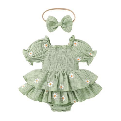 Happy Town Baby Girl Clothes Infant Summer Romper Dress Ruffle Short Sleeve Jumpsuit with Headband Cute Toddler Outfits
