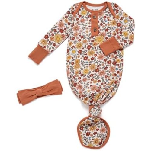 Newborn Knotted Gown, Soft Bamboo Viscose Infant Sleepers with Fold-Over Mittens, Bottom Tie Baby Coming Home Outfit