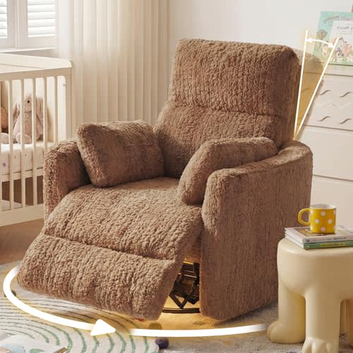 HUSFU Power Swivel Rocker Recliner, Nursery Glider, USB Ports, Brown | Swivel Rocker Chair for Adults & Nursery, Glider Recliner with Throw Pillows, Comfy Plush Fabric for Living Room, Bedroom