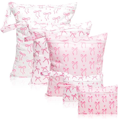 R HORSE 5Pcs Waterproof Baby Diaper Bag, Cute Coquette Pink Bow Wet Dry Bag with Handle Zipper Toiletry Organizing Pouches for Cloth Diapers Swimsuits Travel Beach Pool Essentials for Boys Girls