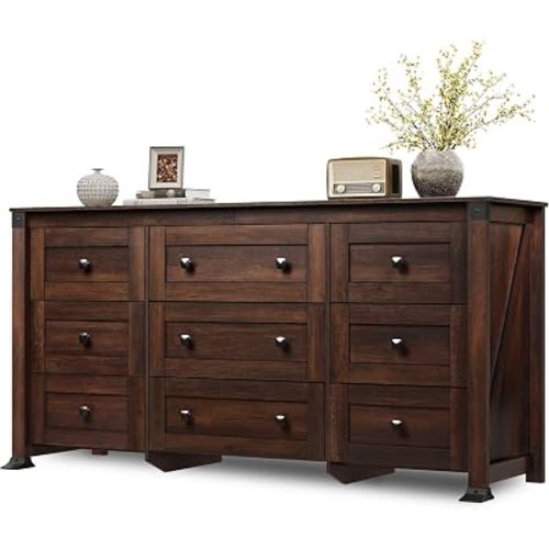 WLIVE Brown Dresser for Bedroom, 9 Drawer Wooden Chest of Drawers with SGS-Tested Anti-Tip Design, 62 Inch Wide Rustic Dresser TV Stand for Living Room, Hallway and Closet, Large Storage Cabinet
