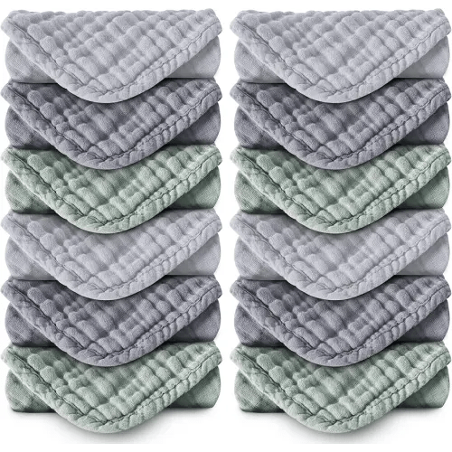 MOON PARK Baby Washcloths, 12 Pack - 12x12 Inches, Small Burp Cloths and Baby Wipes - 100% Cotton Muslin Ultra Soft for Newborn, Infant and Toddlers - Grey, Green and Slate