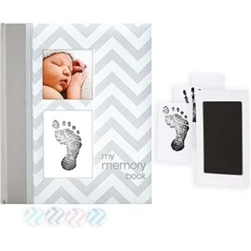 Pearhead First 5 Years Chevron Baby Memory Book, Clean-Touch Safe Ink Pad for Baby’s Handprint or Footprint, Gender Neutral Milestone And Pregnancy Gray