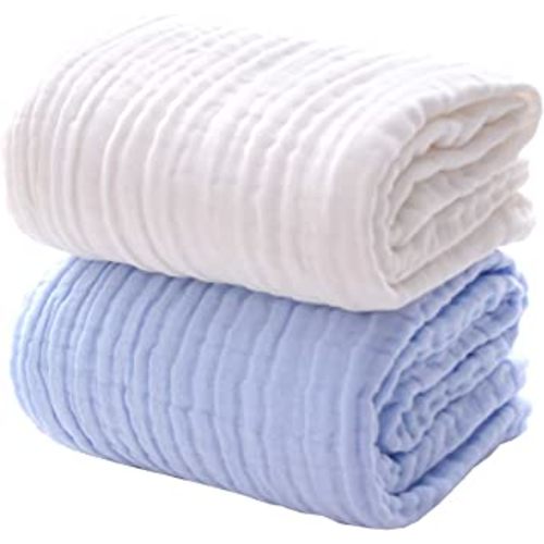 MUKIN Baby Bath Towels, Super Soft Cotton Receiving Blanket for Baby's Delicate Skin,2Pack Swaddle Blanket for Newborns Toddlers Boy Girl,Baby Registry as Shower (White+Blue)