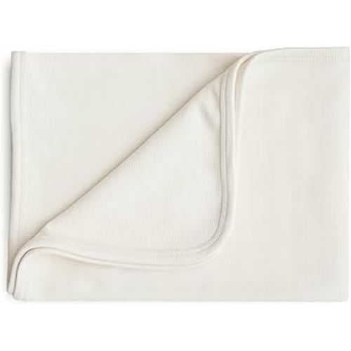 mushie Extra Soft Baby Blanket | Cotton and Elastane Ribbed Receiving Blanket, Swaddle, Stroller | 35x35 Inch (Ivory)