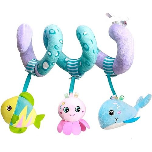 Caterbee Baby Stroller Toys, Activity Spiral Plush bar Toy Accessories, Car Seat Toy with Bell for boy or Girl 0 Months+ (Ocean)