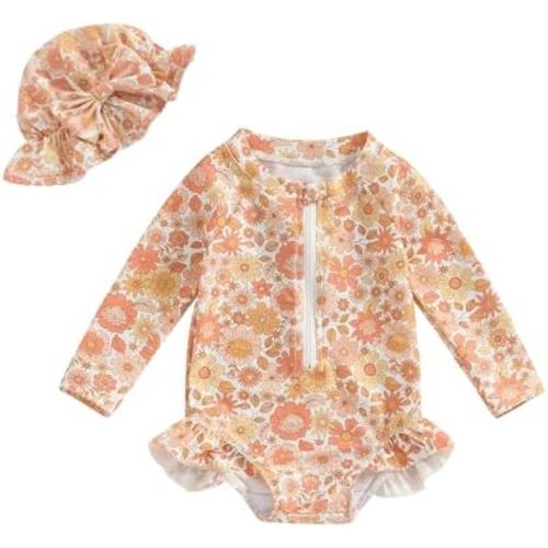 MERSARIPHY Baby Girl One-Piece Swimsuit Rash Guard Toddler Infant Zipper Long Sleeve Swimwear+Hat Bathing Suit Swimwear