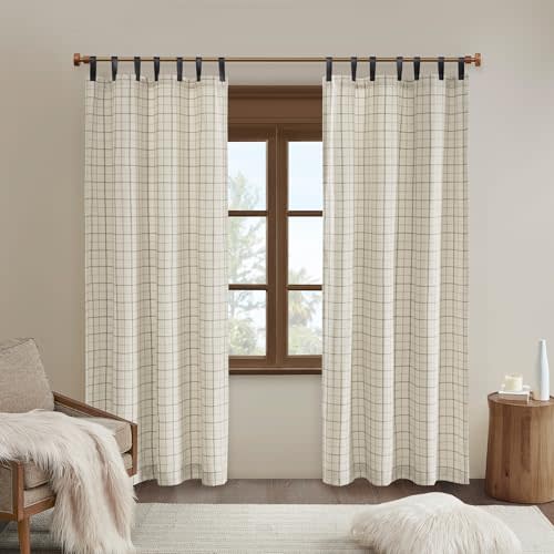 Madison Park Anaheim Cabin Plaid Curtain Window, Thermal Insulated Fleece Lining, Living Room Decor Room Darkening Drape for Bedroom, 1-Single Panel Pack, 50x95 Faux Leather Tab, Natural